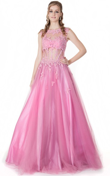 A-Line Jewel-Neck Appliqued Floor-Length Cap-Sleeve Tulle&Satin Prom Dress