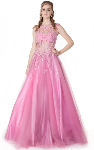 A-Line Jewel-Neck Appliqued Floor-Length Cap-Sleeve Tulle&Satin Prom Dress