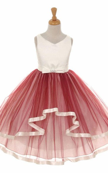 Peplum Tea-Length Bowed Tiered Tulle&Satin Flower Girl Dress With Sash