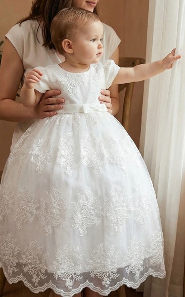 Christening White Baby Flower Girl Dress Short Sleeve Lace Embroidered Ball Gown
