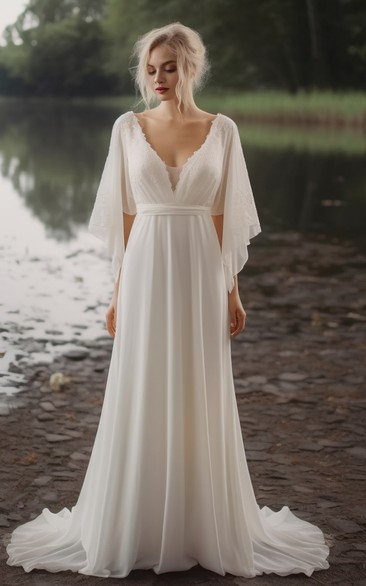 V-neck Poet Sleeve Empire Chiffon Sheath Wedding Dress
