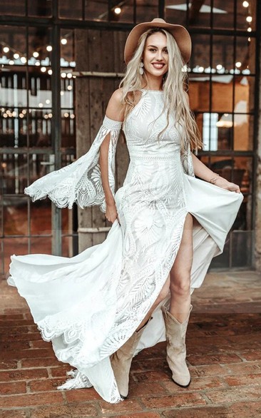 Country Bell Sleeve Front Split Lace Boho Sheath Wedding Dress