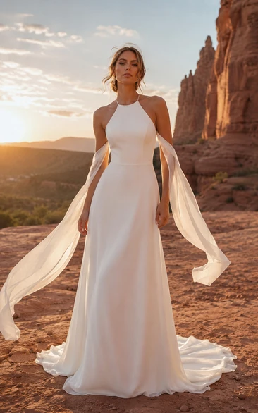 Halter Destination Wedding Dress with Open Back Chiffon Streamers and Train