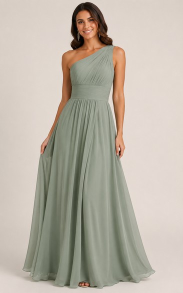 Chiffon Prom Dress in Sage, One-Shoulder A-Line Floor-Length Gown with Pleats