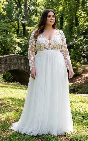Plus Size Sheer V-Neck Lace Wedding Gown