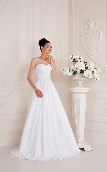Scoop Neck Long Sleeve A-line Chiffon Wedding Dress Styles With Ruching And Beading