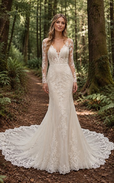 Long Sleeve V-Neck Mermaid Lace Country Wedding Dress with Low Back and Chapel Train