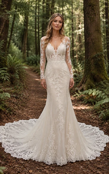 Long Sleeve V-Neck Mermaid Lace Country Wedding Dress with Low Back and Chapel Train