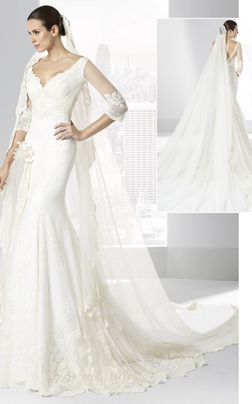 Trumpet V-Neck Long Half-Sleeve Lace Wedding Dress With Appliques And Deep-V Back