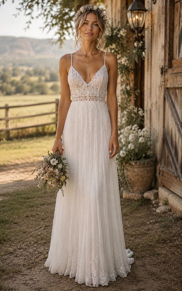 Boho Spaghetti Strap A-Line Lace Country Wedding Dress with Low Back and Train