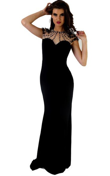 Sheath Cap-Sleeve Maxi Jewel Beaded Jersey Prom Dress With Keyhole Back And Flower