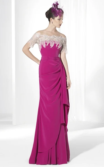 Sheath Short-Sleeve Off-The-Shoulder Side-Draped Maxi Jersey Prom Dress With Appliques