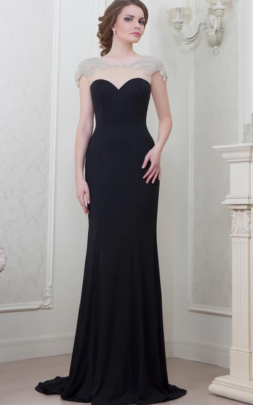 Floor-Length Cap Sleeve Scoop Neck Bowed Chiffon Evening Dress