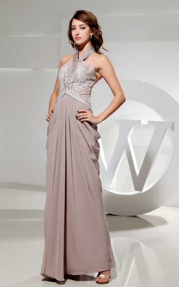 Sleeveless Long Chiffon Dress With Beading and Appliqued Top