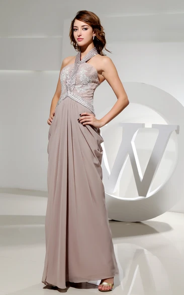 Sleeveless Long Chiffon Dress With Beading and Appliqued Top