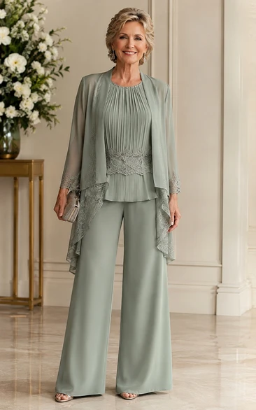 Sage Chiffon Mother of the Bride Pantsuit with Lace Trim Jacket