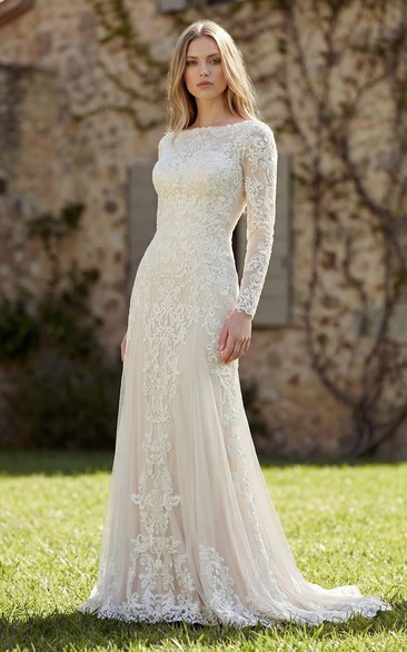 Modest Boat Neck Lace Wedding Dress - Long Sleeve Column Sheath Bridal Gown