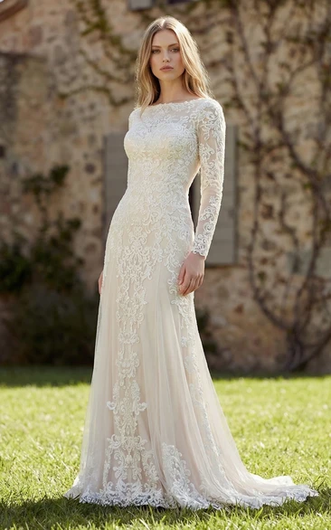 High Neck Long Sleeve Lace & Tulle Sheath Gown
