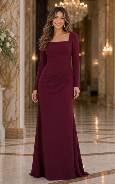Burgundy Square Neck Long Sleeve Floor-length Dress