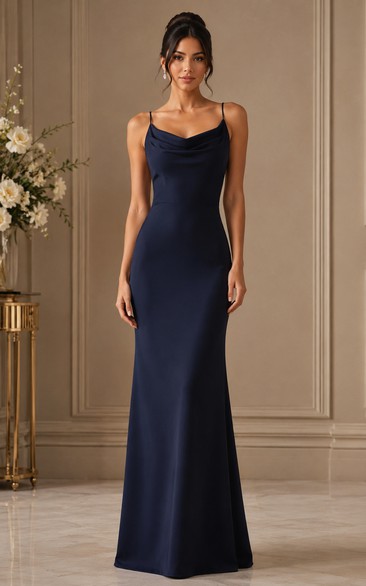 Dark Navy Cowl Neck Satin Sheath Bridesmaid Dress