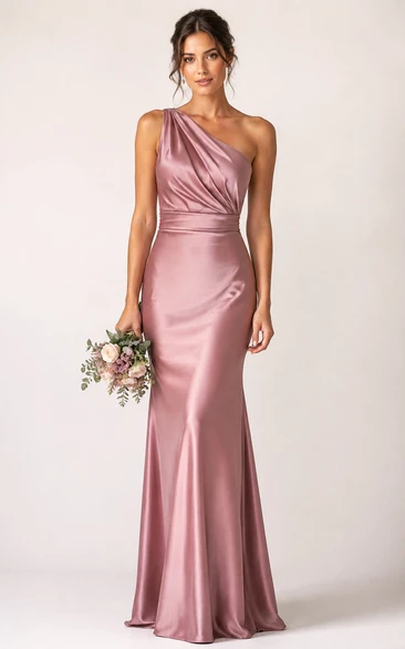 Dusty Rose One-Shoulder Satin Mermaid Bridesmaid Dress