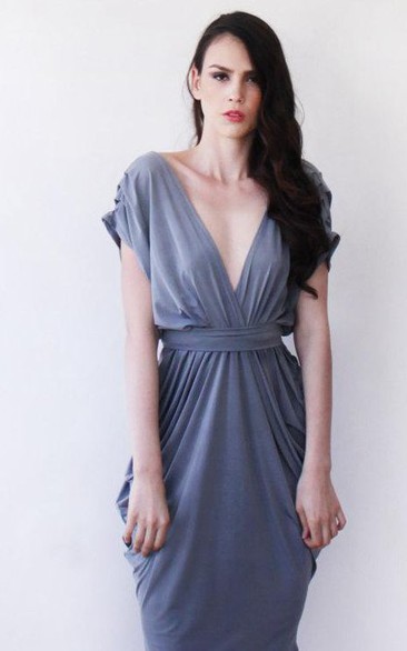 V Neck Short Sleeve Ruched Sheath Jersey Ankle Length Dress