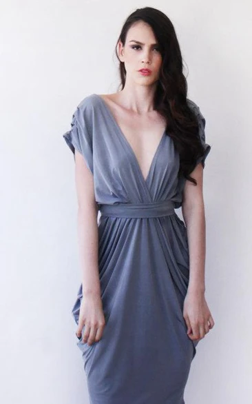 V Neck Short Sleeve Ruched Sheath Jersey Ankle Length Dress