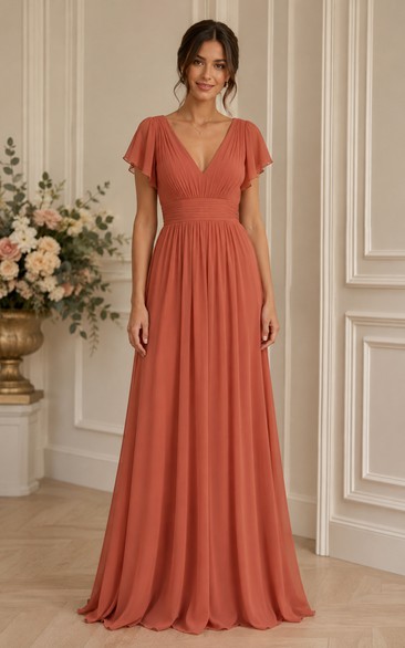 Coral One-Shoulder Flutter Sleeve Chiffon A-Line Dress
