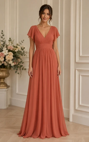 Coral One-Shoulder Flutter Sleeve Chiffon A-Line Dress