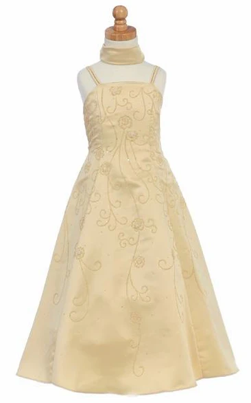 Floral Ankle-Length Beaded Floral Sequins&Satin Flower Girl Dress With Straps
