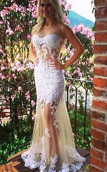 Sexy White Tulle Mermaid Evening Dresses Bateau Sleeveless Prom Gowns