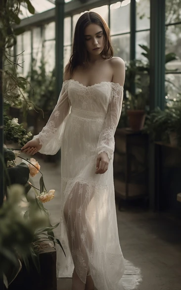 Off-the-shoulder Puff-sleeve Lace Vintage Ethereal Sheath Wedding Dress