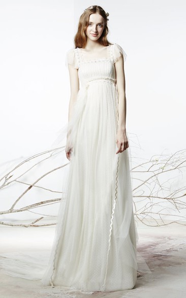 Sheath Floor-Length Square Neck Poet Sleeve Empire Tulle Wedding Dress