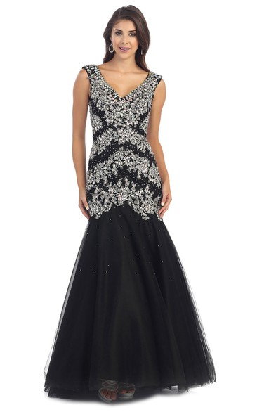 Mermaid V-Neck Sleeveless Tulle Low-V Back Dress With Beading And Pleats