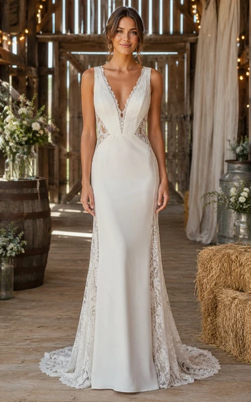 Sheath Satin Country Wedding Dress with Lace Side Panels and Low V Back Train