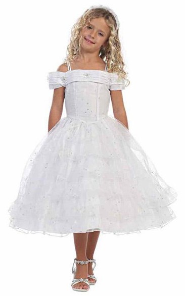 Tea-Length Split-Front Pleated Lace&Sequins Flower Girl Dress With Tiers