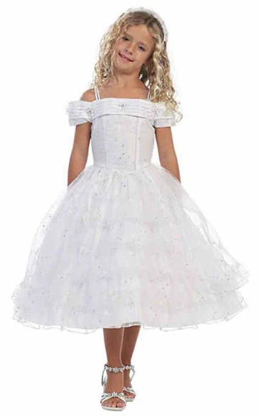 Tea-Length Split-Front Pleated Lace&Sequins Flower Girl Dress With Tiers