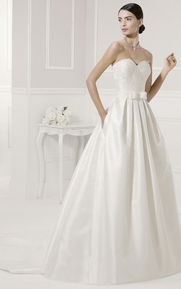Lace Bodice Taffeta Bridal Gown With Bow And Removable Appliqued Top