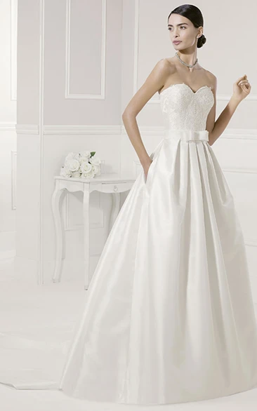 Lace Bodice Taffeta Bridal Gown With Bow And Removable Appliqued Top