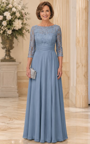 Steel Blue A-Line Lace 3/4 Sleeve Mother of the Bride Dress