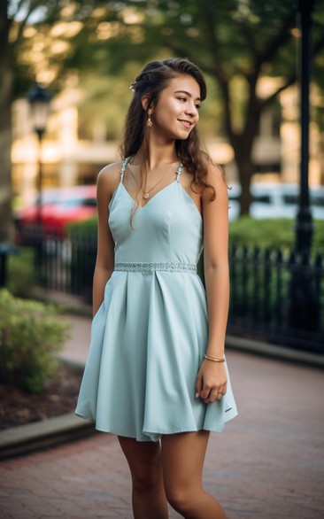 Simple Sky Blue Spaghetti Short Homecoming Dress with Beaded Waist