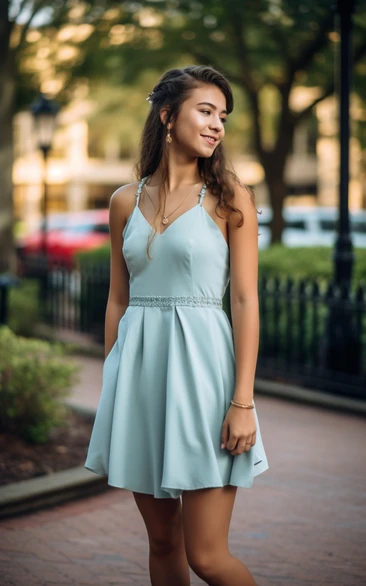 Simple Sky Blue Spaghetti Short Homecoming Dress with Beaded Waist