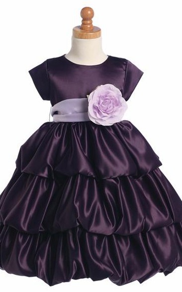 Tea-Length Cap-Sleeve Tiered Satin Flower Girl Dress