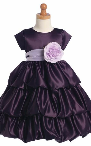 Tea-Length Cap-Sleeve Tiered Satin Flower Girl Dress