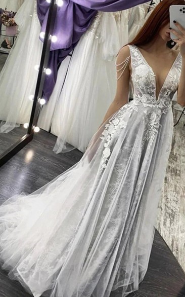 Plunged Sleeveless Empire Sheath Lace Dress with Crystal Detailings