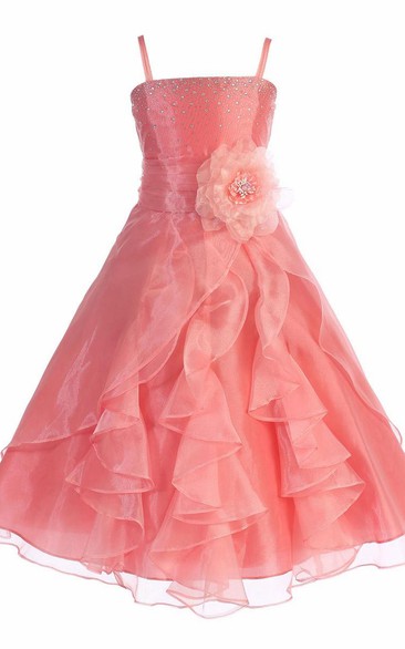 Ankle-Length Split Beaded Floral Organza Flower Girl Dress With Ribbon