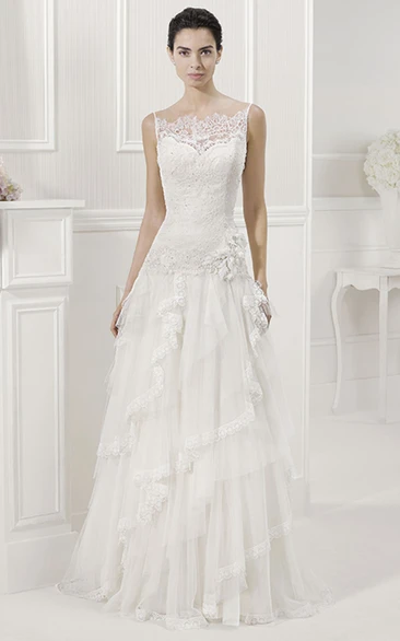 Back Spaghetti Straps Bridal Gown With Sequined Lace Top And Layered Skirt