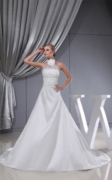 Flowered High Neck Illusion Sleeveless A-Line Dress With Chapel Train