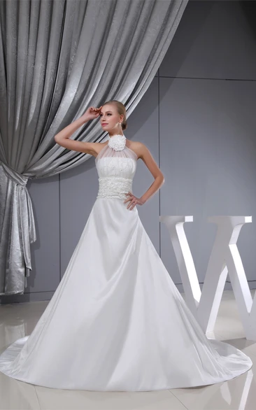 Flowered High Neck Illusion Sleeveless A-Line Dress With Chapel Train