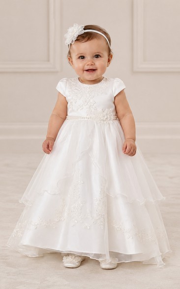 Baby Christening Gown Modest Princess Ball Gown Cap Sleeve Tulle Lace Floor-Length with Bow Sash in White